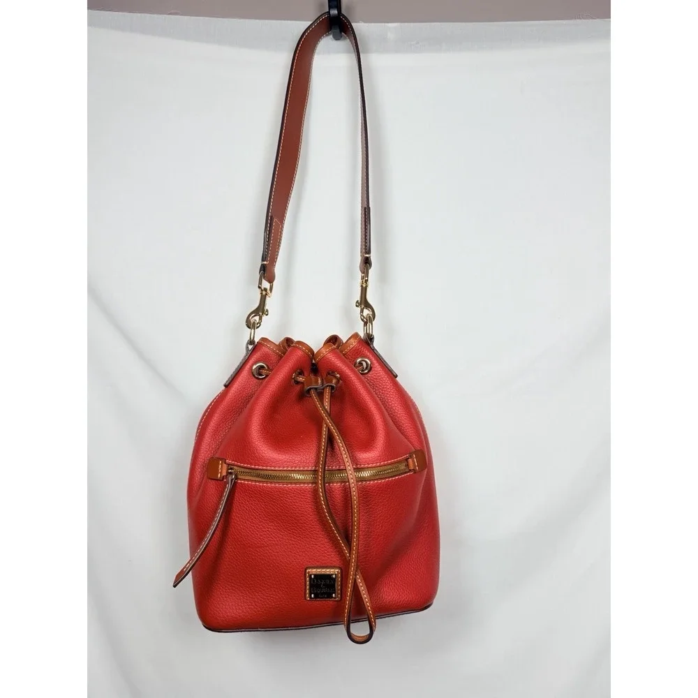 Dooney & Bourke Pebble Grain Red Drawstring Bucket Bag Leather Crossbody Purse